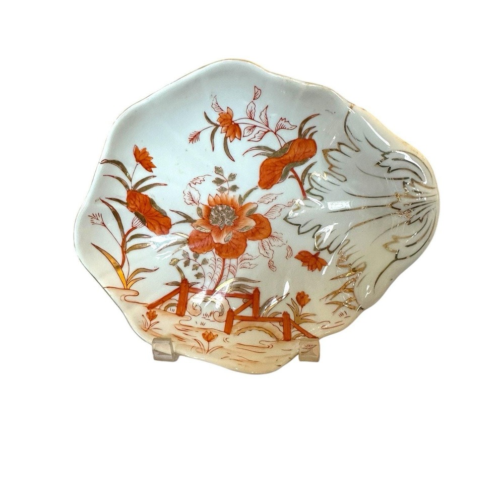 Vintage Orange & Gold Floral Porcelain Oyster Shaped Candy Dish JAPAN 7.5" x 9